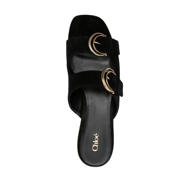 Chloé Alizè Flat Sandals Slides Black Suede Size 8 US 38 EU NIB Gold Buckles - Picture 7 of 16